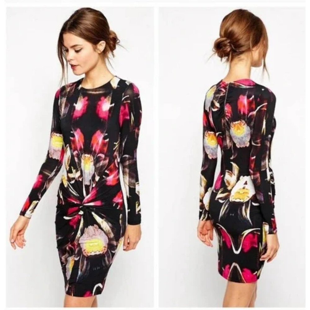 Ted Baker Black Floral Print Long Sleeve Mini Dress